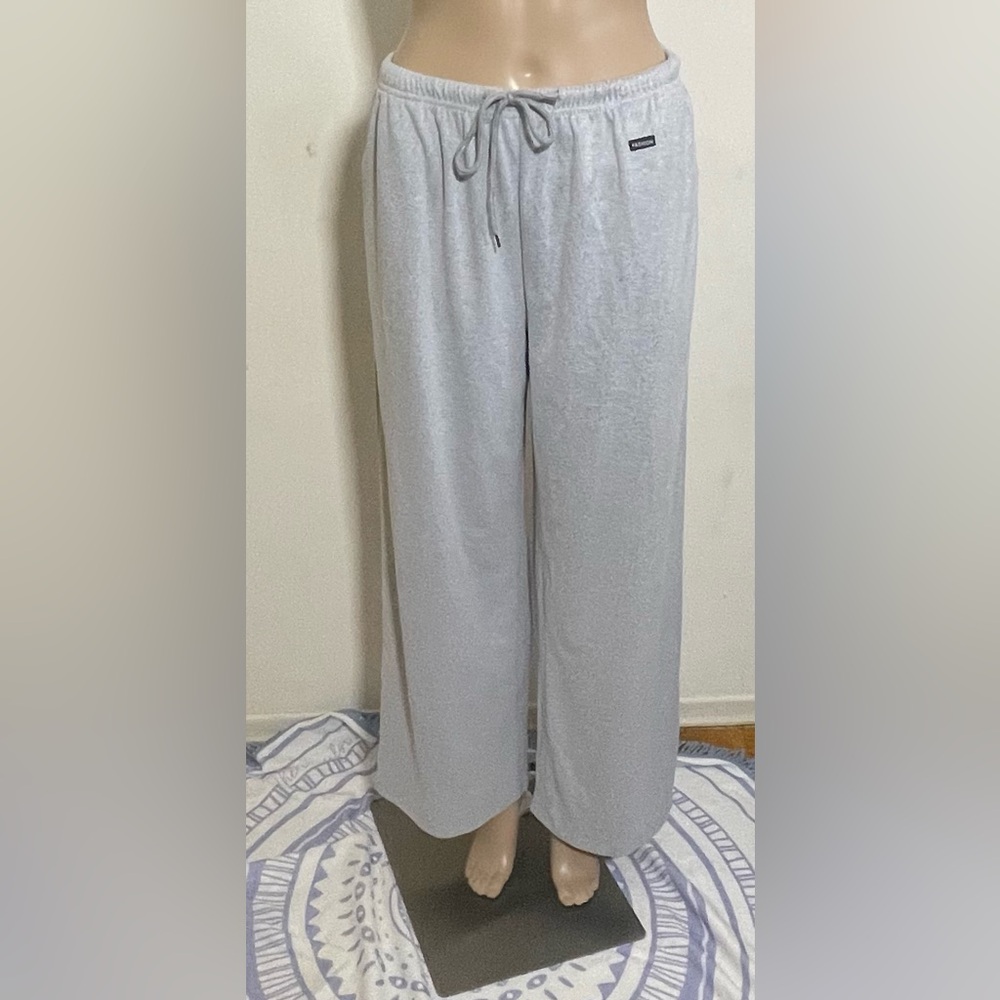 Sz L(8-10) ladies Shein Gray Wide-Leg Sweatpants with pockets &drawstring fleece - Picture 3 of 11